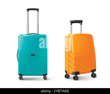 Valises de roue modernes ensemble isolé sur fond blanc. Illustration réaliste vectorielle de bagage en plastique orange et turquoise, sac à roulettes solide avec Illustration de Vecteur