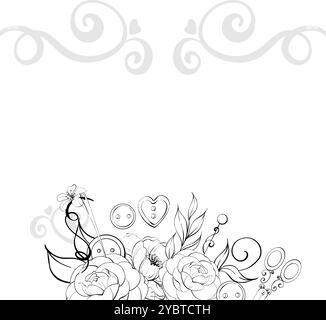 Modèle d'outils de couture vintage, arrière-plan. Ciseaux et bobine de fil avec des fleurs. Artisanat dans un style rétro. Vintage old fashion, tailleur pour Illustration de Vecteur