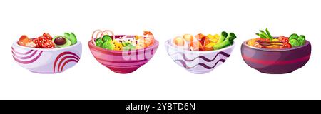 Poke bol avec saumon, avocat, riz et illusion de crevettes. Nutrition de salade de légumes pour le dîner. Ingrédients sains, fruits de mer et sésame servis à environ Illustration de Vecteur