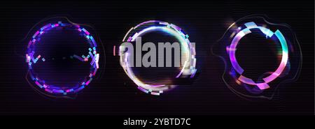 Cercle d'effet de pépins au néon. Cadre annulaire numérique avec cyber-lumière. Pixel cassé futuriste et bordure graphique de bruit. Distorsions holographiques dynamiques minimales Illustration de Vecteur