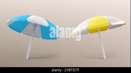 Parasols de plage ensemble isolé sur fond. Illustration réaliste vectorielle de parasols bleus et jaunes rayés, protection contre les intempéries ensoleillées, symbole de somme Illustration de Vecteur