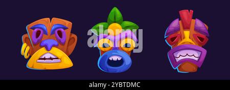 Masque totem tiki hawaïen. Hawaï ou île polynésienne ancienne tête de statue tribale indigène aux visages effrayants mignons. Ensemble vectoriel de dessin animé de Mayan traditionnel Illustration de Vecteur