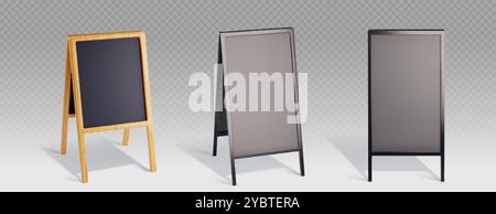 Tableaux noirs placés isolés sur fond transparent. Illustration réaliste vectorielle des panneaux de signalisation publicitaire en bois et en plastique vue avant, menu Illustration de Vecteur
