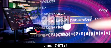 Code de script informatique abstrait. Écran de code de programmation du développeur du logiciel. Programmation logicielle Banque D'Images
