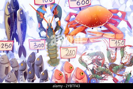Fruits de mer crus frais sur glace avec étiquettes de prix. Illustration vectorielle de dessin animé de la vue de dessus sur différents poissons et homards, crabes et crevettes prêts pour la cuisson. R Illustration de Vecteur
