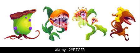 Monstre plants ensemble isolé sur fond blanc. Illustration vectorielle de dessins animés de fleurs effrayantes avec des dents et la langue dans la bouche morde, de grands yeux effrayants, Illustration de Vecteur