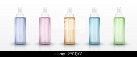 Bouteilles compte-gouttes avec liquide de couleur isolé sur fond blanc. Illustration réaliste vectorielle de flacons en verre avec pipette pour sérum cosmétique, huile, Illustration de Vecteur