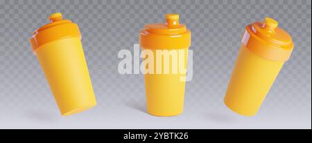 Maquettes de bouteilles de shaker de protéines isolées sur fond transparent. Illustration réaliste vectorielle du conteneur de gobelet de voyage avec couvercle de paille et bla Illustration de Vecteur