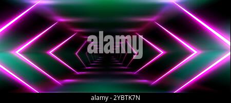 Fond de couloir de perspective sombre avec des formes de flèche brillante néon rose vif. Illustration vectorielle 3D réaliste de la salle de casino ou de la scène de piste avec Illustration de Vecteur