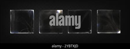 Housses en vinyle en plastique rayées, isolées sur fond transparent. Illustration réaliste vectorielle de morceaux carrés de vieux verre avec des fissures et lig Illustration de Vecteur