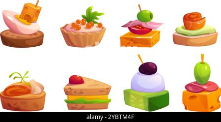 Buffet amuse-gueule - canapés et sandwichs, bruschetta et tartelettes. Ensemble d'illustration vectorielle de dessin animé de petits collations froides pour banquet avec br Illustration de Vecteur