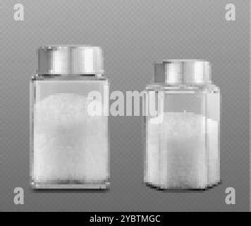Poudre de cristal de sel réaliste dans la salière en verre sur fond transparent. ensemble d'illustration vectorielle 3d de grain minéral naturel d'épices blanches dans la bouteille Illustration de Vecteur