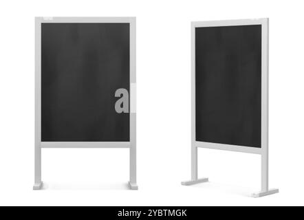 Tableaux noirs placés isolés sur fond blanc. Illustration réaliste vectorielle des panneaux de signalisation publicitaire vue avant et latérale, affichages de menu avec b. Illustration de Vecteur