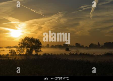 Lever du soleil au-dessus de la rivière Merwede près du village Boven-Hardinxveld dans la région néerlandaise Alblasserwaard Banque D'Images