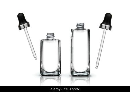 Maquettes de bouteille compte-gouttes ensemble isolé sur fond blanc. Illustration réaliste vectorielle de flacons en verre ou en plastique avec pipette pour sérum cosmétique, huile, Illustration de Vecteur
