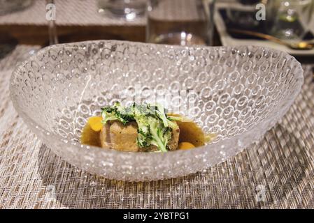 Délicieux repas de cuisine fusion espagnol, superbement décoré plat sur une plaque faite par un primé espagnol chef professionnel Banque D'Images