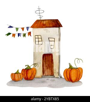 Cute House with Pumpkins est une illustration d'aquarelle enchanteresse Banque D'Images