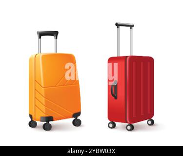Valise rouge et orange avec pour les vacances d'été ou le concept de voyage d'affaires. Ensemble réaliste d'illustration vectorielle 3d de sac à bagages touristique sur roues avec Illustration de Vecteur