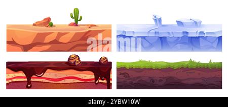 Texture paysage transparente définie pour l'interface utilisateur du jeu. Illustration vectorielle de dessin animé de désert de sable avec cactus, glace d'hiver et terre de neige, sol avec de l'herbe verte, Illustration de Vecteur