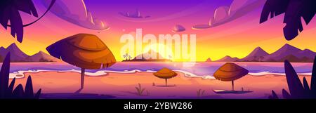 Plage tropicale lagon avec parasols de paille, eau calme et rive de sable, palmiers et montagnes rocheuses, petites îles et palmiers, jaune et rose Illustration de Vecteur