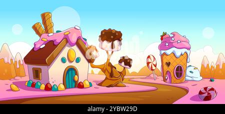 Fantasy Candy Land avec route près des maisons et des arbres faits de gâteau et de crème glacée, chocolat et guimauve, caramel et biscuits. Vecteur de dessin animé illust Illustration de Vecteur