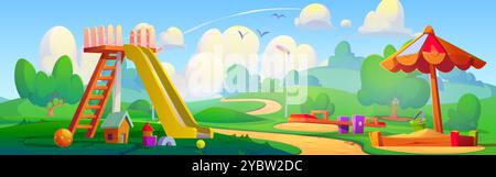 Aire de jeux extérieure pour enfants dans le parc public avec toboggan et balançoire, bac à sable et jouets. Paysage d'été avec aire d'amusement de jardin d'enfants pour les enfants jouer un Illustration de Vecteur
