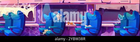 Train abandonné à l'intérieur avec des sièges endommagés par fenêtre cassée. Illustration de dessin animé vectoriel de la vieille voiture de tourisme, compartiment de métro sale avec chaise poussiéreuse Illustration de Vecteur