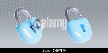 Cadenas bleus fixés isolés sur fond transparent. Illustration réaliste vectorielle de maquette verrouillée et déverrouillée de serrure 3D avec clé dans le trou de serrure, se de données Illustration de Vecteur