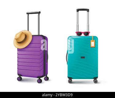 Valise avec chapeau et lunettes de soleil pour vacances d'été ou concept de voyage d'affaires. Ensemble réaliste d'illustration vectorielle 3d de sac à bagages touristique sur roues w Illustration de Vecteur