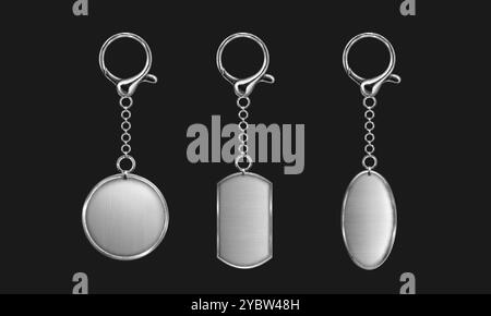 Porte-clés argenté avec maquette d'anneau pour la marque. Ensemble d'illustration vectorielle réaliste de modèle blanc de porte-clés en métal gris. Badge souvenir de bibelot chromé Illustration de Vecteur