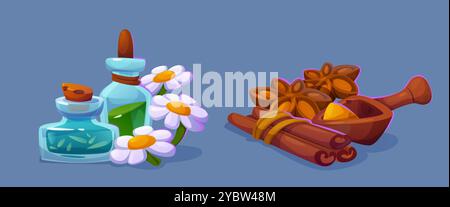 Ensemble d'ingrédients de médecine à base de plantes isolé sur fond. Illustration vectorielle de dessins animés de fleurs de camomille, essence d'huile dans des bouteilles en verre liège, cinnamo Illustration de Vecteur