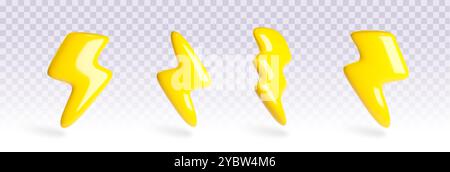 Ensemble 3D de boulons de foudre isolés sur fond transparent. Illustration réaliste vectorielle du signe jaune de décharge d'énergie électrique, puissance de batterie SY Illustration de Vecteur