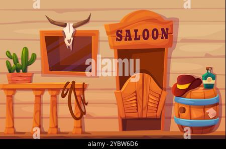 Façade de salon occidental avec crâne de buffle. Illustration vectorielle de panneau de signalisation de taverne sur le mur en bois, chapeau de cow-boy et bouteille de rhum sur le baril de bière, la Illustration de Vecteur