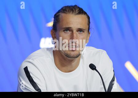 Joueur de tennis allemand Alexander Zverev lors d'une conférence de presse aux US Open 2024 Championships, Billie Jean King Tennis Center, Queens, New York, Banque D'Images
