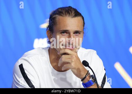 Joueur de tennis allemand Alexander Zverev lors d'une conférence de presse aux US Open 2024 Championships, Billie Jean King Tennis Center, Queens, New York, Banque D'Images