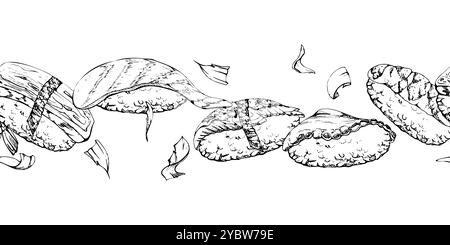Nourriture traditionnelle japonaise, sushi nigiri avec crevettes unagi de poisson, thon, saumon de poisson cru, poulpe tamagoyaki tako, dessiné à la main dans un stylo vectoriel, encre. Sans couture Illustration de Vecteur