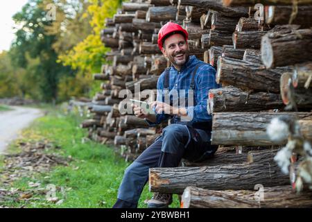 Bel homme ingénieur forestier tenant une tablette et vérifiant les troncs d'arbres empilés dans la forêt Banque D'Images