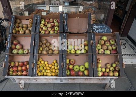 Sélection de pommes Brogdale exposées à l'extérieur de I J Mellis à Stockbridge, Édimbourg, Écosse, Royaume-Uni. Banque D'Images