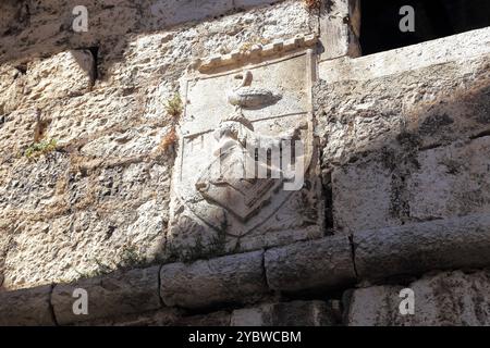 VODICE, CROATIE - 6 SEPTEMBRE 2016 : il s'agit d'un blason médiéval de chevalier sur le mur de l'ancienne tour de la forteresse. Banque D'Images