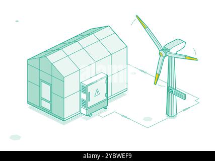 Serre isométrique avec éolienne. Illustration vectorielle. Concept agricole et horticole. Porte fermée. Objet de contour isolé sur fond blanc Illustration de Vecteur