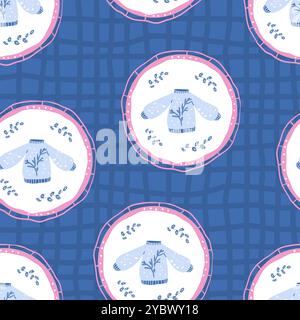 Pull sans couture motif. Vêtements confortables d'hiver dans le fond sans fin de cadre rond. Couverture de répétition saisonnière des couleurs de BCBG. Illustration vectorielle dessinée à la main. Illustration de Vecteur