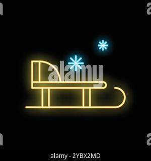 Signe de néon jaune vif d'un traîneau avec de la neige qui tombe sur un fond sombre, parfait pour les projets de vacances d'hiver Illustration de Vecteur