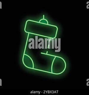 Signe de néon vert vif d'un bas de noël suspendu sur un fond noir Illustration de Vecteur