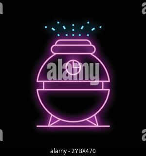 Icône néon d'un humidificateur intelligent diffusant des gouttelettes d'eau dans l'air, sur fond noir Illustration de Vecteur
