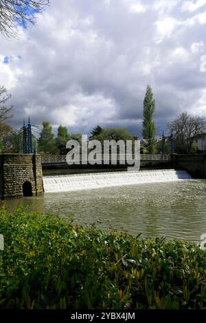 Le pont de Mill et Weir au-dessus de la rivière Leam, Jephson Gardens, Royal Leamington Spa Town, comté de Warwickshire, Angleterre, Royaume-Uni Banque D'Images