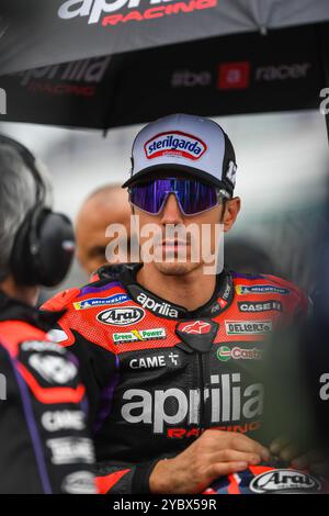 Phillip Island, Australie. 19 octobre 2024. Maverick Viñales d'Espagne, représentant l'équipe Aprilia Racing, est vu sur la grille avant la course MotoGP™ Sprint - l'événement phare de la deuxième journée du Qatar Airways Australian Motorcycle Grand Prix 2024. Le Qatar Airways Australian Motorcycle Grand Prix 2024 accueille les meilleurs pilotes émergents au monde. La deuxième journée d'action a continué à impressionner les spectateurs avec les stars mondiales du sport automobile affichant des performances impressionnantes lors de tours de qualification en MotoGP, Moto2 et Moto3. Crédit : SOPA images Limited/Alamy Live News Banque D'Images