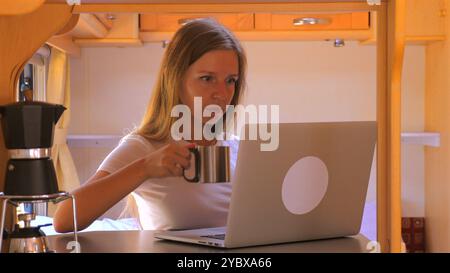 Jeune femme travaillant dur à distance sur ordinateur portable à l'intérieur confortable camionnette de camping-car, Banque D'Images