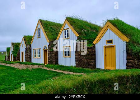 Islande, Nordurland Eystra, maisons traditionnelles au musée Laufás Banque D'Images