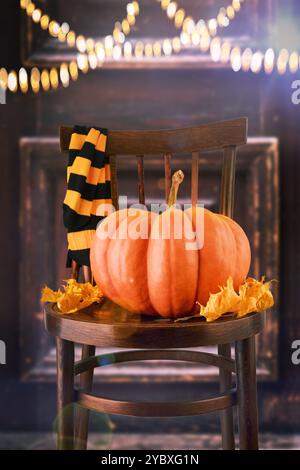 Fond d'Halloween. Grosse citrouille avec des feuilles d'érable sèches, chaussettes rayées noires et orange pour la fête sur une vieille chaise rétro sur fond de vieilles portes Banque D'Images