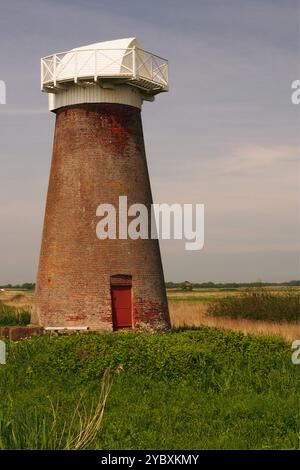 Un moulin à vent en briques désaffecté, avec une porte rouge près de Martham Broad, Norfolk England UK, regardant à travers le paysage anglais plat des Norfolk Broads Banque D'Images